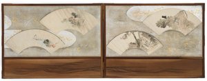 スクリーンに取り付けられた4つのファンの絵... 作： Katsushika Hokusai