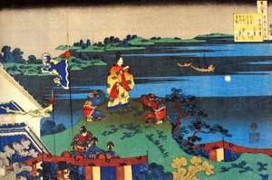 百人の詩人による百の詩シリーズ：安倍の中馬、c1830。 作： Katsushika Hokusai