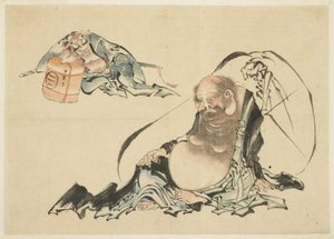 Hotei and Asahina Saburo Reclining (two
sketches) 作： Katsushika Hokusai