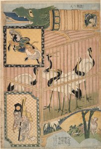日本の檻と満州産のツル、フェア アトラクションで巨大なわらの作品を宣伝するセットから