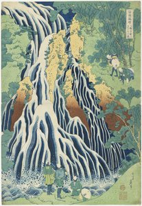 下野道黒神山付近の霧降の滝c。 1833 作： Katsushika Hokusai