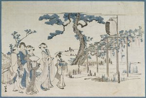 亀戸のウィステリアガーデンを訪れる女性（木版画） 作： Katsushika Hokusai
