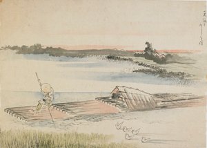 風景: 18 世紀後半から 19 世紀初頭にかけて、筏を漕ぐ船頭。 作： Katsushika Hokusai