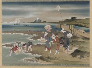 風景：海岸のハマグリの採集者（シルクのインクと色） 作： Katsushika Hokusai