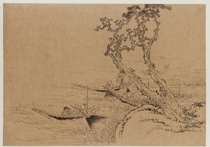 風景: 18 世紀後半から 19 世紀初頭のボートから釣りをしている人物。 作： Katsushika Hokusai