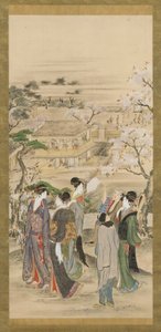 風景: 18 世紀後半から 19 世紀初頭の桜を眺める男女のパーティー。 作： Katsushika Hokusai