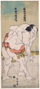 Les lutteurs sumo Takaneyama Yoichiemon and Sendagawa Kichigoro - The Sumo wrestlers Takaneyama Yoichiemon and Sendagawa Kichigoro par Hokusai, Katsushika (1760-1849).カラー木版画、サイズ：30,6x12,9、1792年頃、個人蔵 作： Katsushika Hokusai
