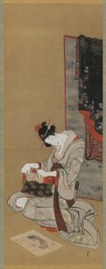 正月カスタム：正月の朝、化粧品、江戸時代、1806-11年頃（絹にインクと色） 作： Katsushika Hokusai