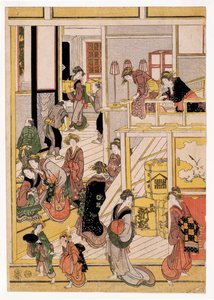 茶屋おぎやの正月、1810年頃（版画）（406534、406535、406536も参照） 作： Katsushika Hokusai