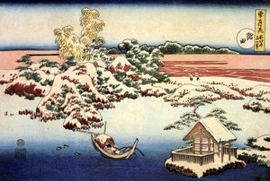 「日本の隅田川の雪景色」葛飾北斎 (1760-1849) (浮世絵学校) による版画 1832 州 A プーシキン美術館、モスクワ 作： Katsushika Hokusai