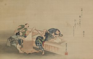 江戸時代、桃本ひなまろが刻んだ餅つき餅、1822年（掛軸に絹に墨と色） 作： Katsushika Hokusai