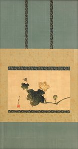 かぼちゃとつると馬のフライ、江戸時代、1825年頃（絹にインクと色） 作： Katsushika Hokusai