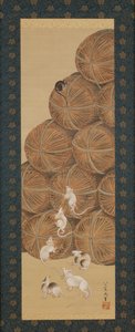江戸時代のねずみと米俵（1843年）（絹に墨と色） 作： Katsushika Hokusai