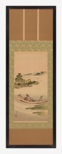 川の風景：フェリーと富士山、江戸時代、1842. 作： 北斎勝鹿