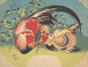 オンドリ、ニワトリ、ニワトリとツユクサ、カリフォルニア州。 1830-33。