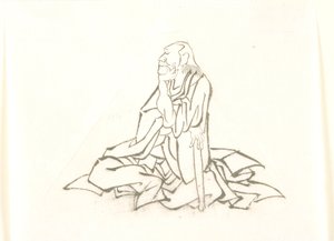 杖に寄りかかる座っている老人 作： Katsushika Hokusai
