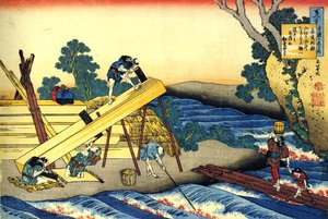 Serie de cent poemes de cent poetes : ""Harumichi no Tsuraki"" Charpentiers au travail - Estampe de Katsushika Hokusai (1760-1849) (ecole ukiyo-e) vers 1830 State Hermitage Saint Petersbourg 作： Katsushika Hokusai