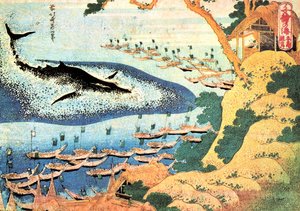 千の海の景色のシリーズ：日本、五島列島沖のクジラ - 葛飾北斎（1760-1849）（浮世絵学校）による版画1830-1833 State A Pushkin Museum of Fine Arts、モスクワ