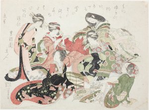 鳥かごの周りに座っている 6 人の女性 作： Katsushika Hokusai