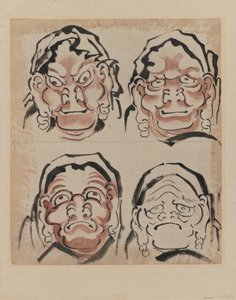 4つの面のスケッチ（紙にインク） 作： Katsushika Hokusai
