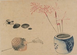 線香花火、カニ、球根、18 世紀後半から 19 世紀初頭。 作： Katsushika Hokusai