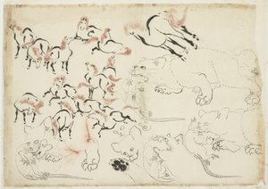 馬、猫、ネズミの研究（「北斎漫画」より）、1815〜1849年頃（紙にインクと色） 作： Katsushika Hokusai