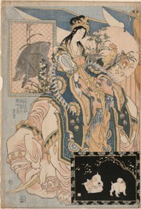 白象に乗った唐女、公正なアトラクションでの巨大なわらの宣伝のセットから 作： Katsushika Hokusai