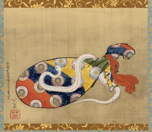江戸時代の弁天のリュートと白蛇（1847年）（絹にインクと色）