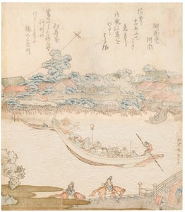 隅田川のほとり、駒込石。 シリーズ「馬づくし」のトリプティク、中央部、1822 作： Katsushika Hokusai