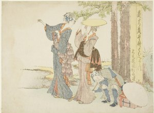 マイルポストに立ち寄る旅行者 作： Katsushika Hokusai