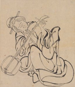 三味線の調律、18世紀後半から19世紀初頭。 作： Katsushika Hokusai