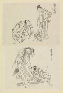 男と女、男とキツネ女の 2 つの舞台シーン 作： Katsushika Hokusai