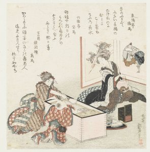 火鉢で 2 人の女性と 1 人の少年 作： Katsushika Hokusai