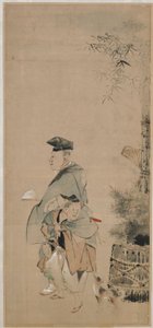 江戸時代、正月を散歩する二人の芸人 1798-1801。 作： Katsushika Hokusai