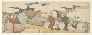 遊歩道にいる二人の女性と一人の少年 作： Katsushika Hokusai