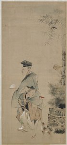 江戸時代の正月を散策する2人の芸能人1830〜32年（紙にインクと色） 作： Katsushika Hokusai
