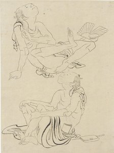江戸時代の夏にくつろぐ二人の男（紙に墨） 作： Katsushika Hokusai