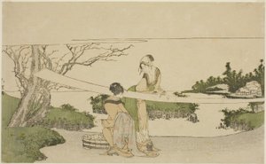 布を伸ばす女性2人 作： Katsushika Hokusai