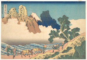 『富嶽三十六景』シリーズより、「身延川から見た富士の裏側（身延川裏富士）」 作： 北斎勝鹿