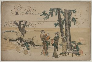 1800年代初頭、王子近くの道端のお店を通る女性。 作： Katsushika Hokusai