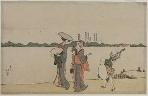 隅田川沿いを歩く女性と子供たち 作： Katsushika Hokusai