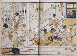 マンガから食べる女性たち（カラー木版画） 作： Katsushika Hokusai