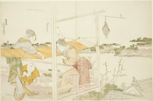 ベランダで布を伸ばして干す女性たち 作： Katsushika Hokusai