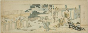 花を摘む少女を見つめるベランダの女性たち 作： Katsushika Hokusai