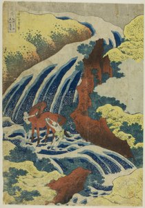 "諸国滝めぐり "シリーズより「鷲羽吉野義経馬洗の滝」。 作： Katsushika Hokusai