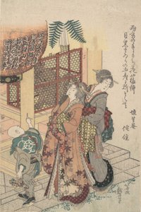 神社に敬意を払う若い女性、カリフォルニア州。 1814年。 作： Katsushika Hokusai