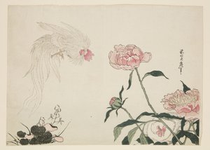 花の中のロングテール・ルース（カラー木版画 作： Katsushika II (fl.1820 50) Taito