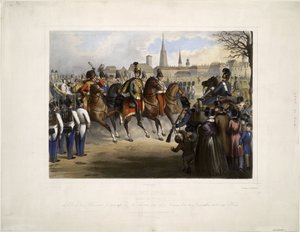 1845年12月30日、ウィーンのグラシスで第9ハッサー連隊「グラーフ・ナダスディ」の大佐となるロシアのニコライ1世 - Katzler, Vinzenz (1823-1882) - 1846 - カラーリトグラフ - 39x50,4 - 個人蔵 作： Katzler Katzler