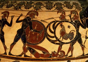 重装歩兵の戦いを示すコリント式花瓶の詳細、紀元前600年頃（テラコッタ） 作： Jean Marc Nattier