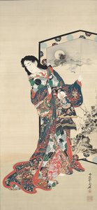 スクリーンの前の美しさ、1800年代。 作： Kawanabe Kyosai